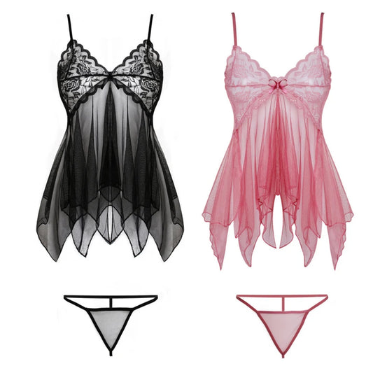 Sexy Lace Babydoll Lingerie for Women – Open Crotch Sleepwear Dress with Bra & Panty Set