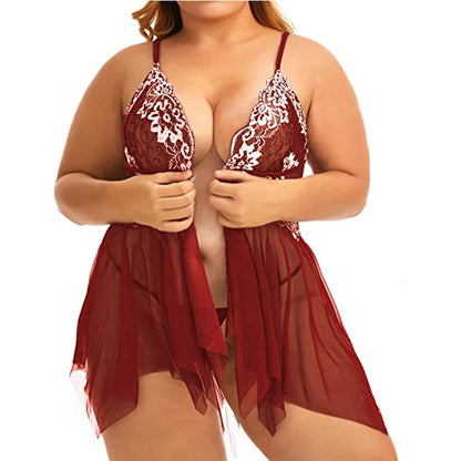 Plus Size Lace Babydoll Chemise Nightgown Set - Flattering V-Neck Lingerie