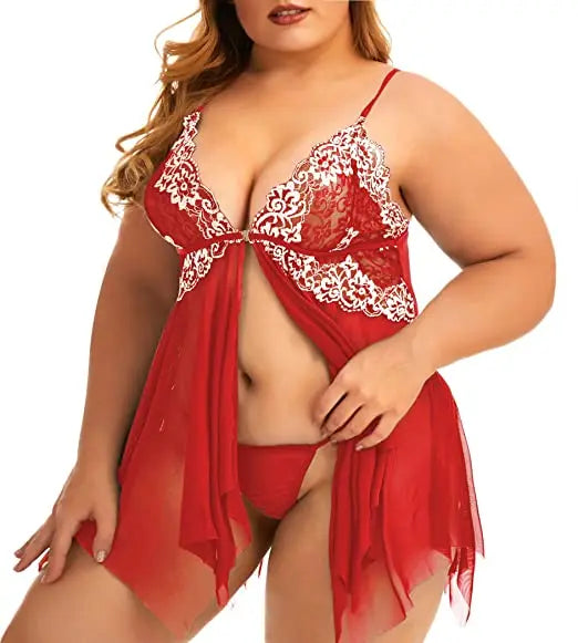 Plus Size Lace Babydoll Chemise Nightgown Set - Flattering V-Neck Lingerie