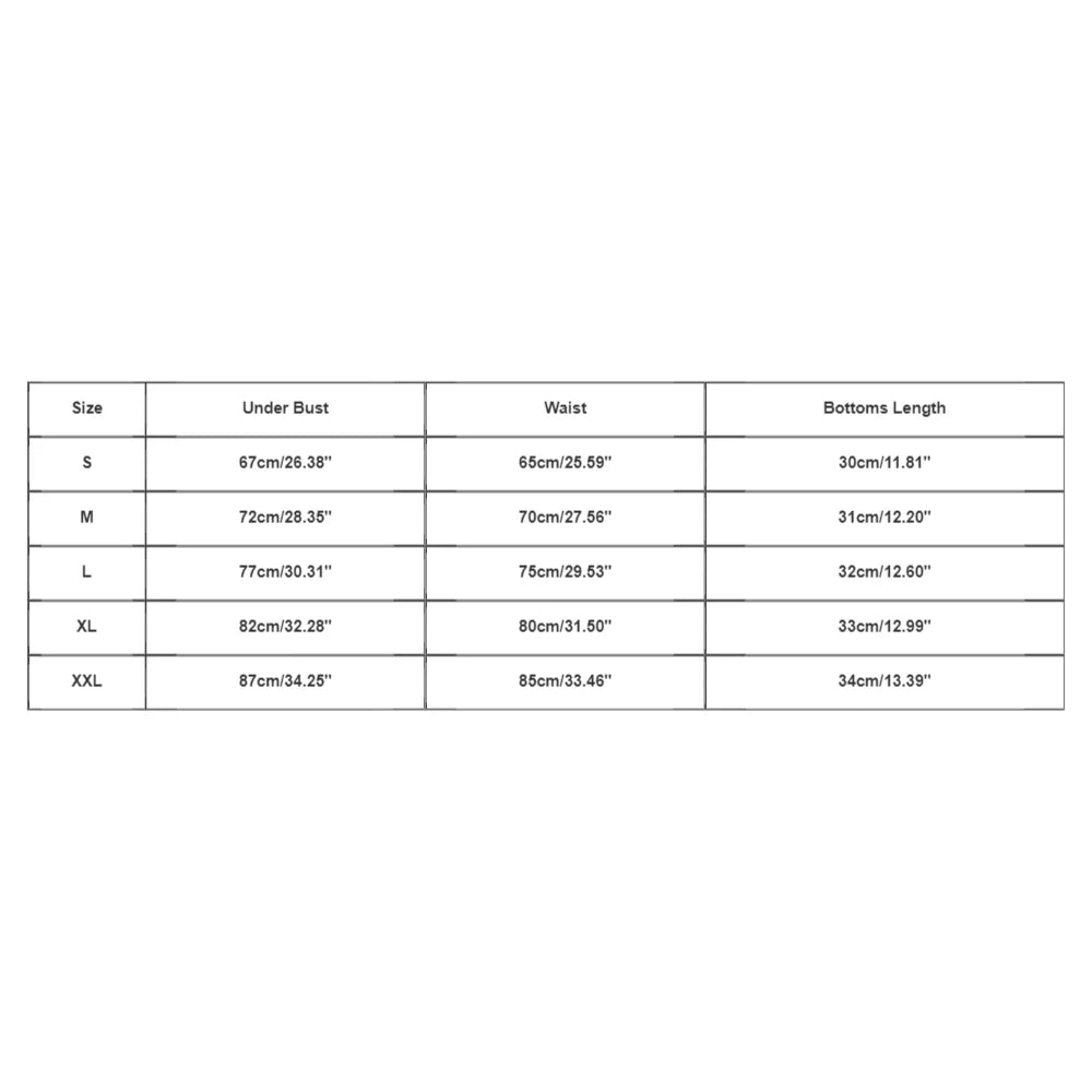 Measurement chart for clothing sizes S to XXL with under bust, waist, and bottoms length dimensions.