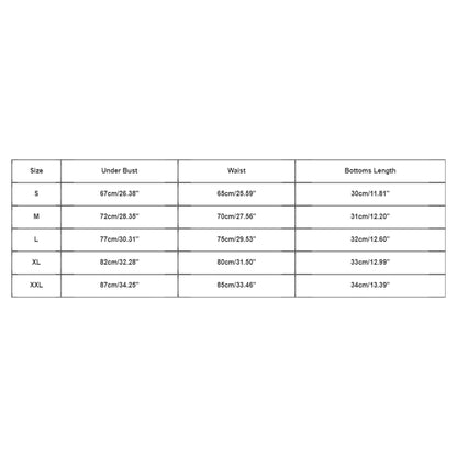 Measurement chart for clothing sizes S to XXL with under bust, waist, and bottoms length dimensions.