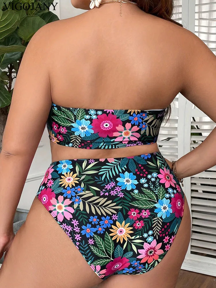 VigoJany Print Bandeau 2 Piece Plus Size Bikini Set for Women – High Waist Push-Up Swimsuit