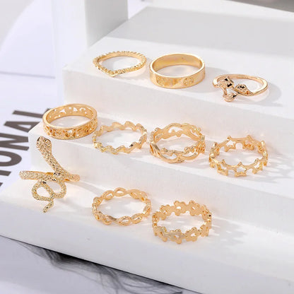 10pcs Punk Gold Color Chain Finger Rings Set For Women