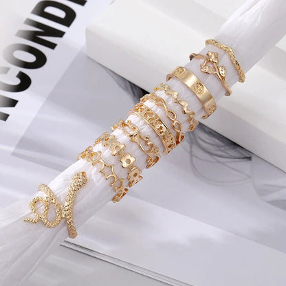 10pcs Punk Gold Color Chain Finger Rings Set For Women