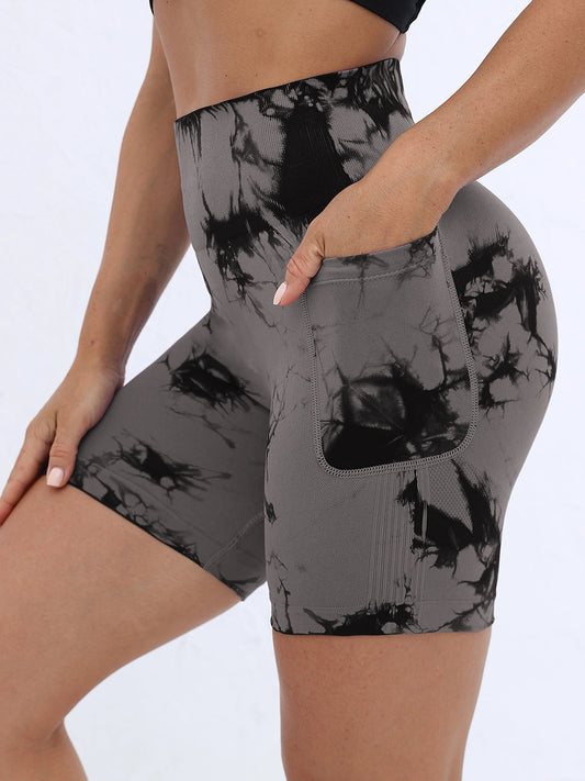 Tie Dye High Waisted Biker Shorts for Women with Pockets – Seamless Scrunch Butt Workout Shorts