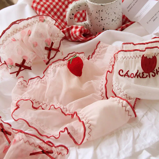 Red Strawberry Mesh Panties – Sexy Low-Rise Lace & Ruffle Briefs