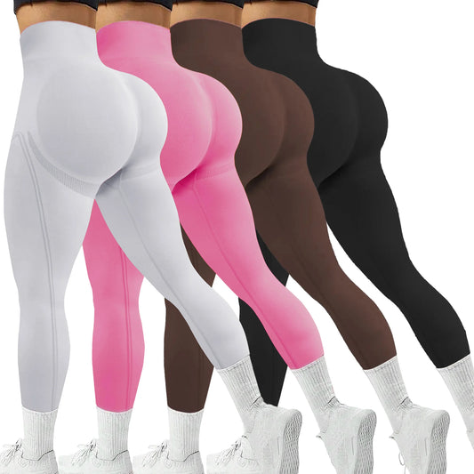 Four pairs of leggings in gray, pink, brown, and black

