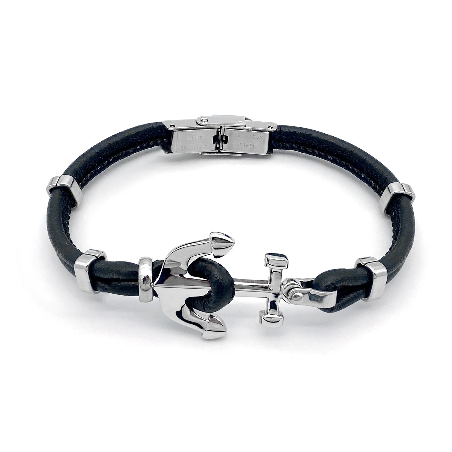 Men's Black Braided Anchor Bracelet with Runda Leather and Steel