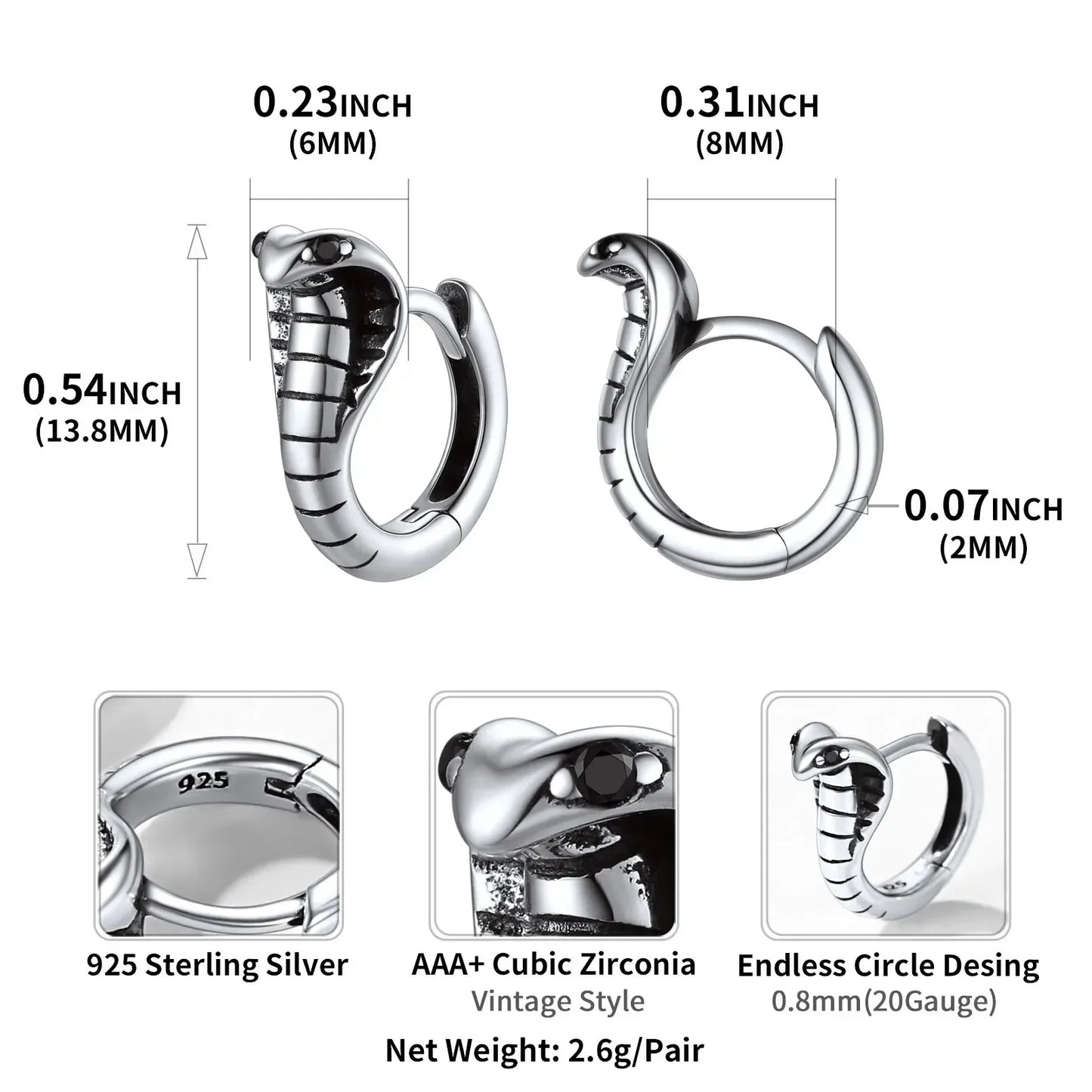 U7 925 Sterling Silver 3D Dragon Snake Cobra Hoop Earring Huggie Antique Silver Animal Gothic Punk Unisex Jewelry QC24