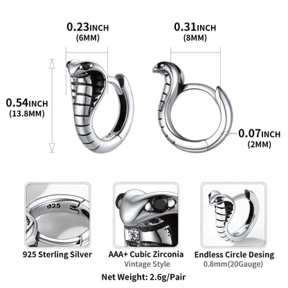 U7 925 Sterling Silver 3D Dragon Snake Cobra Hoop Earring Huggie Antique Silver Animal Gothic Punk Unisex Jewelry QC24