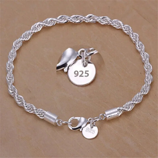 925 Sterling Silver 4MM Twisted Rope Bracelet for Men & Women