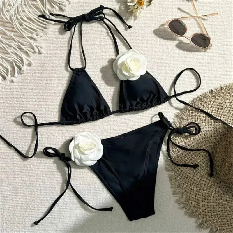 Black bikini set with white flowers 