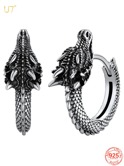 U7 925 Sterling Silver 3D Dragon Snake Cobra Hoop Earring Huggie Antique Silver Animal Gothic Punk Unisex Jewelry QC24