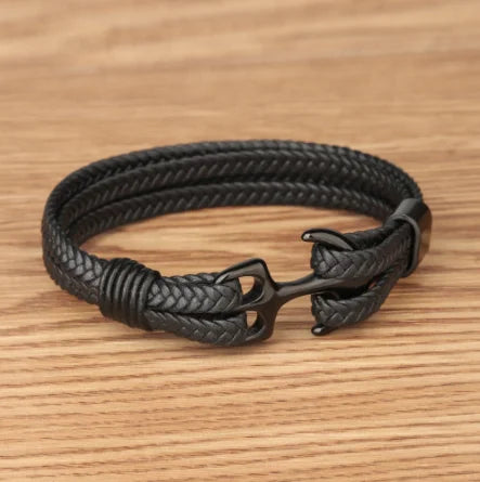 Vintage Stainless Steel Men’s Anchor Bracelet with Leather & Magnetic Closure