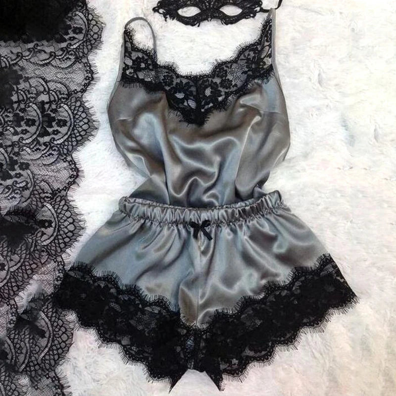 Fashion Nightwear Lace Trim Satin Cami Top Pajama Set