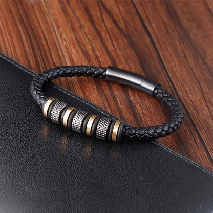 New Style Men’s Braided Leather Bracelet with Stainless Steel Beads – Trendy Punk Jewelry