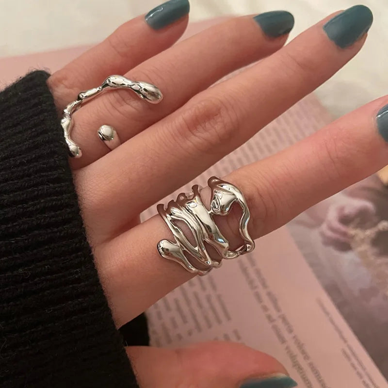 Irregular Hollow Silver Color Wide Ring Female Fashion Retro Unique Design Handmade Jewelry Gifts