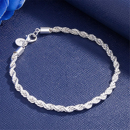 Hot Charms 4MM Twisted Rope Chain 925 Sterling Silver Bracelet