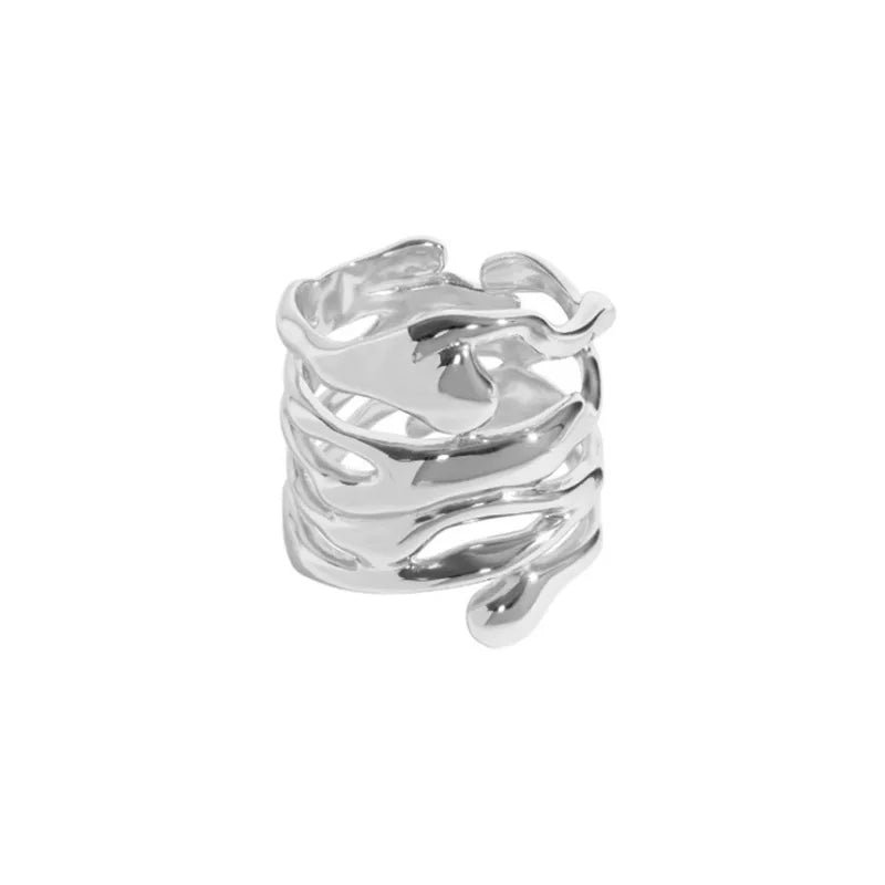 Irregular Hollow Silver Color Wide Ring Female Fashion Retro Unique Design Handmade Jewelry Gifts