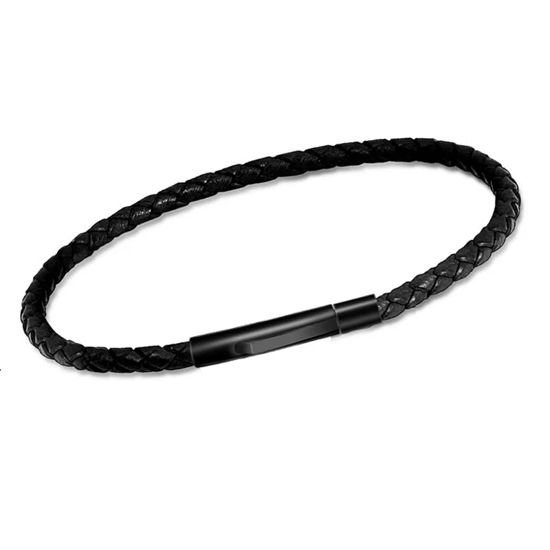 2mm 3mm Black Wrap Leather Braided Bracelet for Men, Steel Wire & Chain Link Bangles