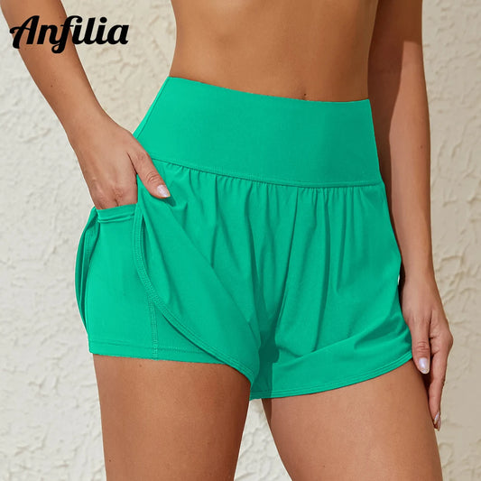 Anfilia Women’s High Waist Swim Shorts with Pockets – Side Split Tankini Bottom
