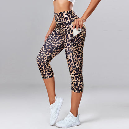 Women’s Leopard Print Yoga Capri Leggings – Gym Pants with Side Pockets