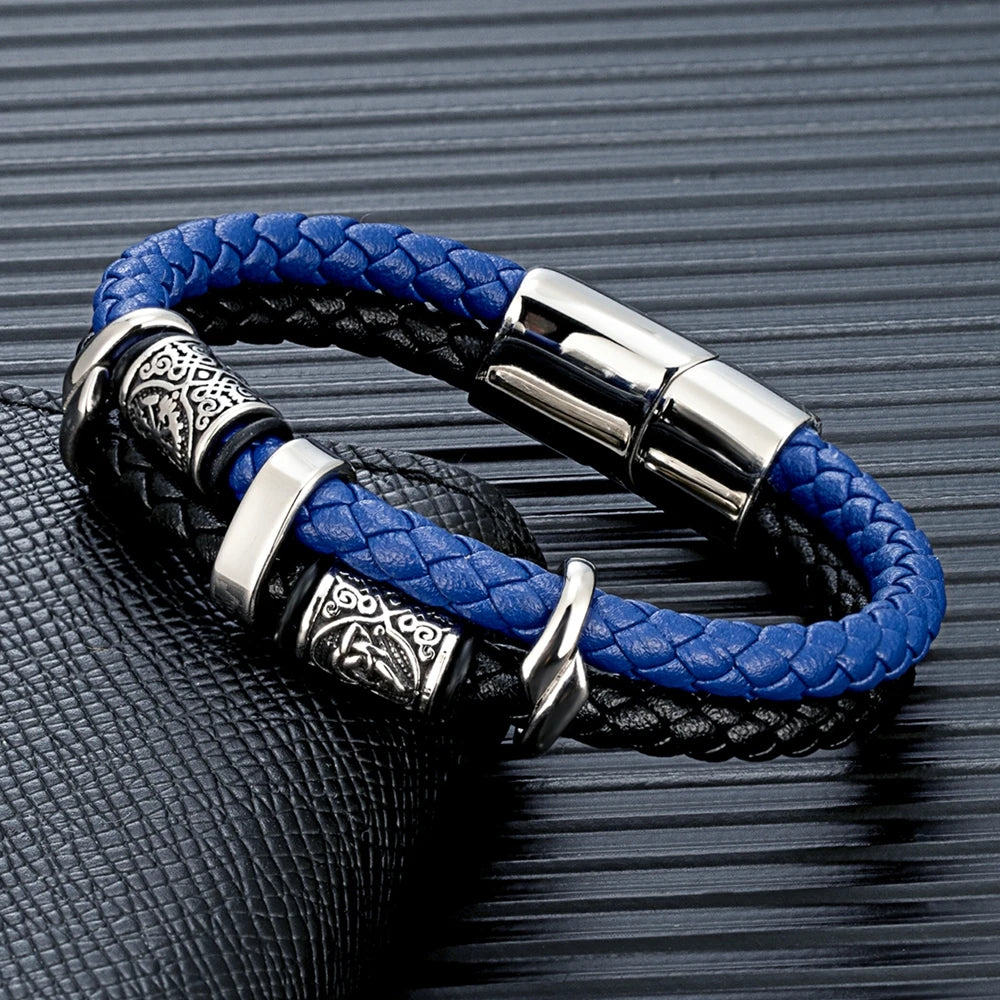 MKENDN Punk Viking Style Stainless Steel Compass Norse Runes Amulet Beads Braided Leather Bracelet for Men