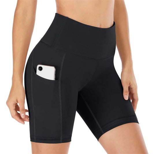 Women’s High Waisted Seamless Sports Shorts with Pockets – Breathable Yoga & Running Biker Shorts