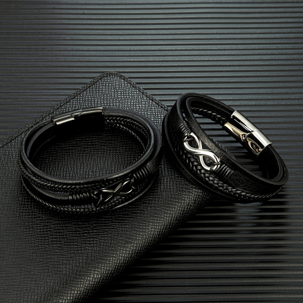 MKENDN Classic Men’s Infinity Bracelet - Braided Leather & Black Steel