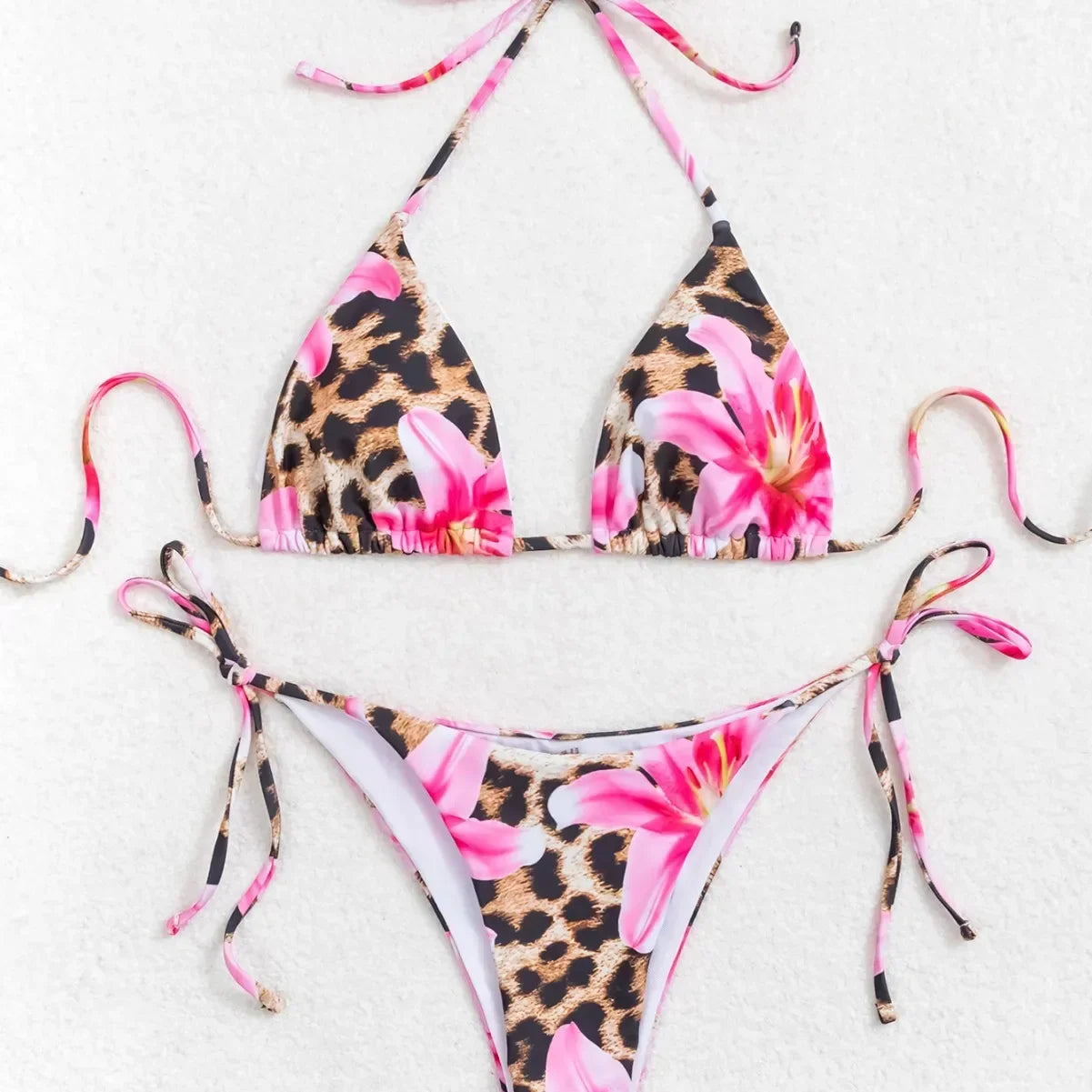 Bikini set with floral and leopard print design 