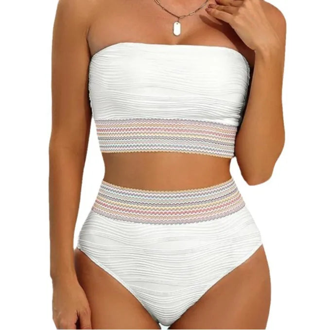 Swimwear Patchwork 2 Piece Strapless Bikini Set for Women – Bandeau Backless High Waist Bathing Suit