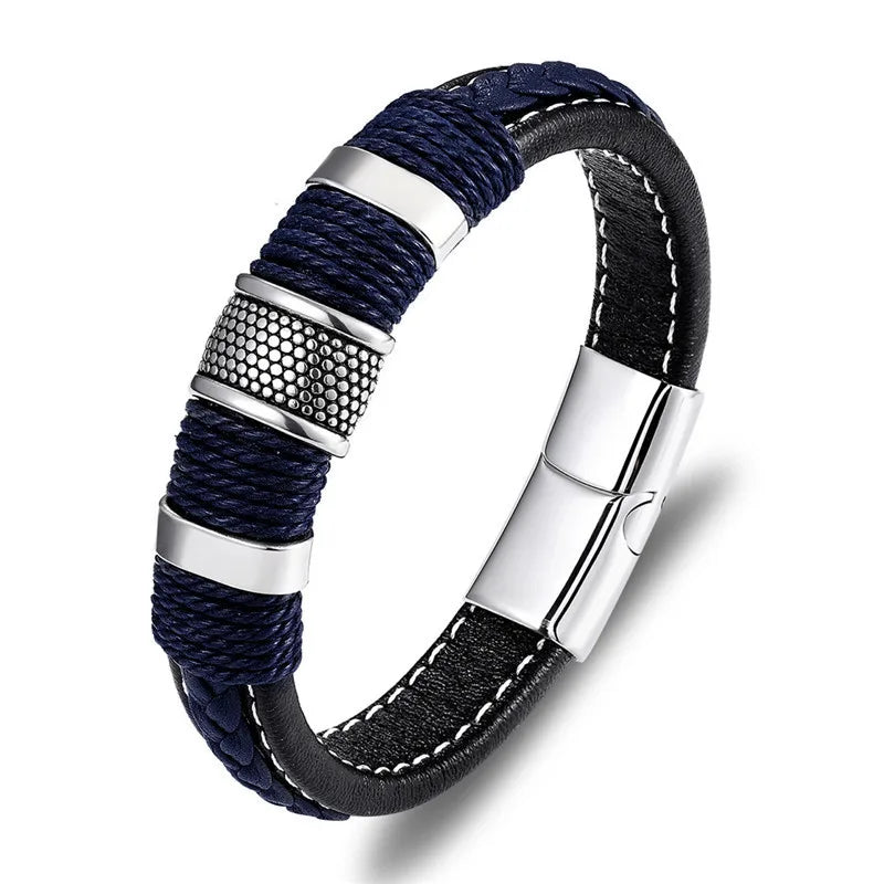 MKENDN Punk Men Braided Genuine Blue Leather Bracelet Black Stainless Steel Magnetic Buckle Bracelet Gifts Homme Pulseras