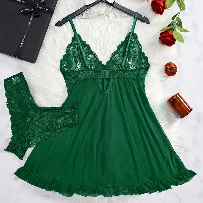 2-Piece Lace Nightgown Set – Green Transparent Nightdress with Bra & Panty
