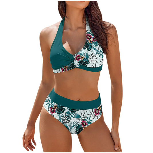 Bikini Beach Colour Block Floral Printed Women's High Waist Two-Piece Swimsuit