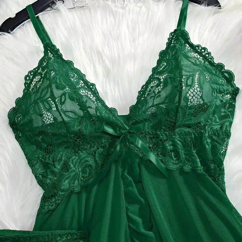 2-Piece Lace Nightgown Set – Green Transparent Nightdress with Bra & Panty