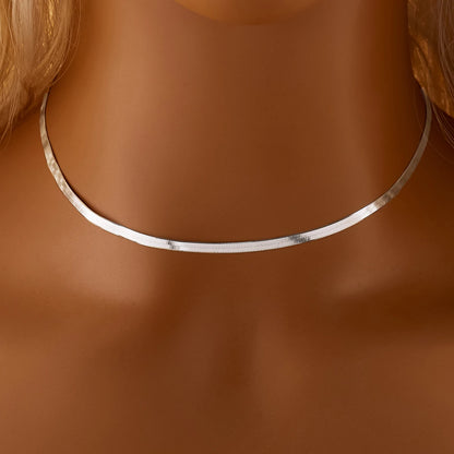 1.7MM Herringbone Choker Necklace - Solid 925 Sterling Silver, 16''+2''