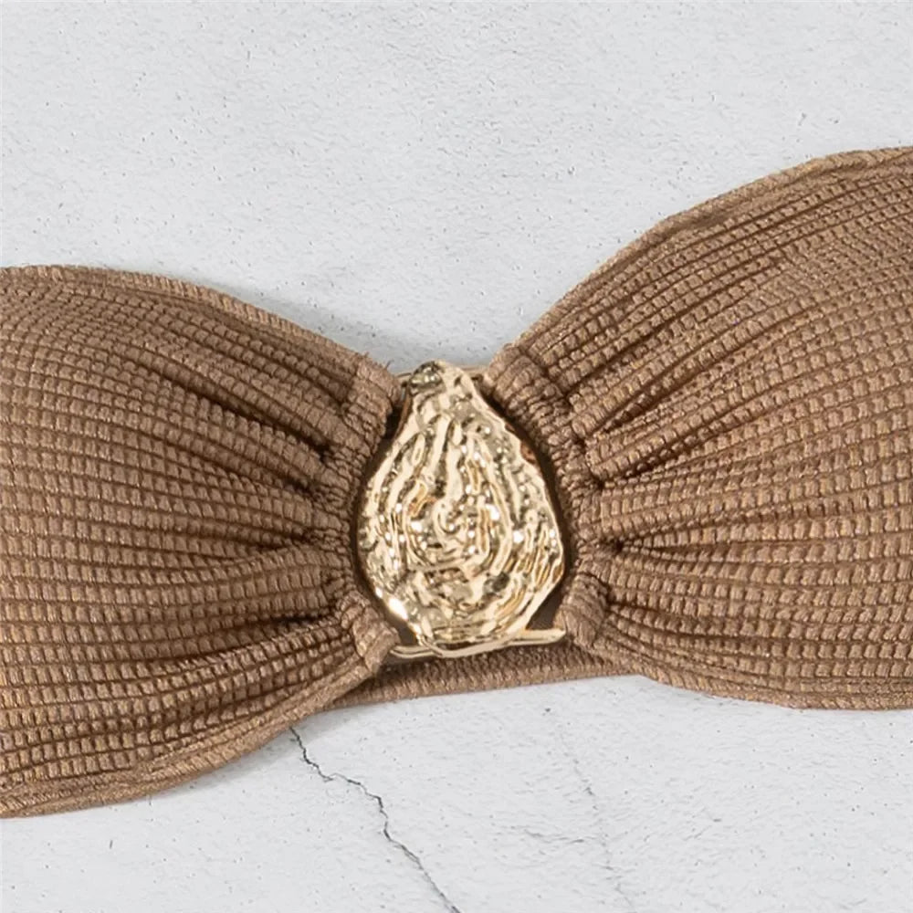 Brown Color Strapless 3-Piece Bikini Set with Metal Buckle & Cover-Up for Women