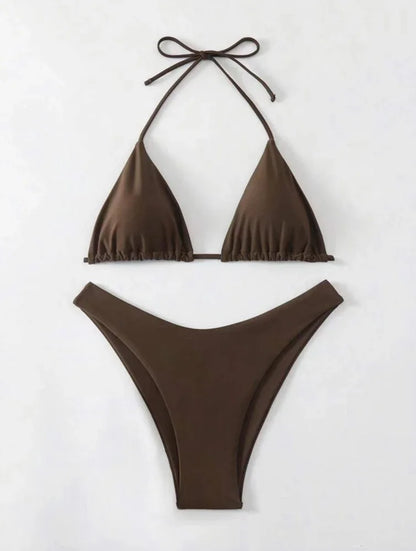 Women Halter Thong Bikini Set with Solid Lace Up Brazilian Swimwear