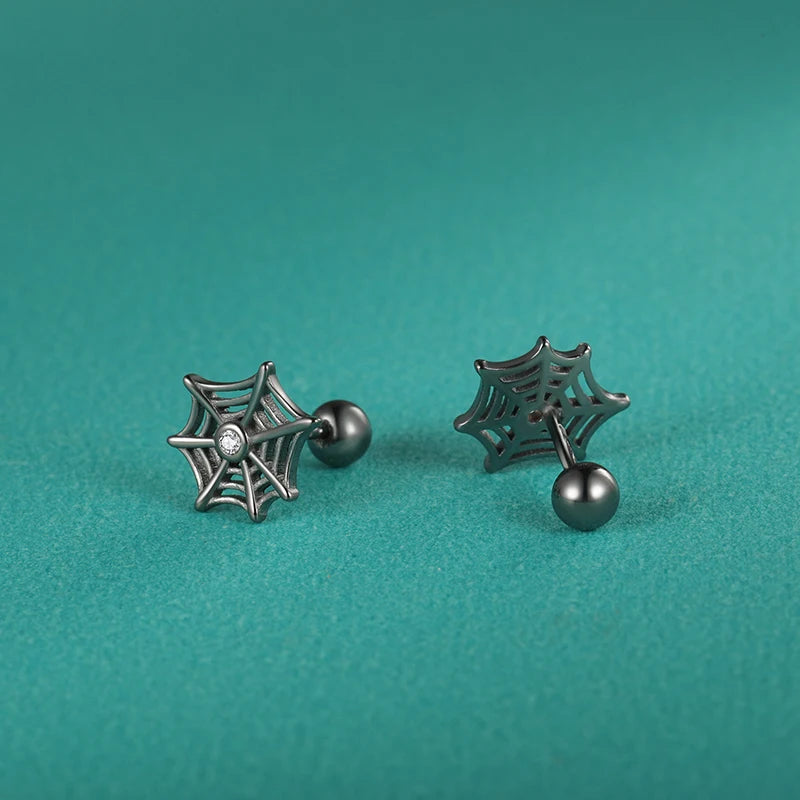 TrustDavis Real 925 Sterling Silver Kids Black Halloween Spider Web Screw Stud Earrings For Daughter Girls Fine Jewelry DF2042