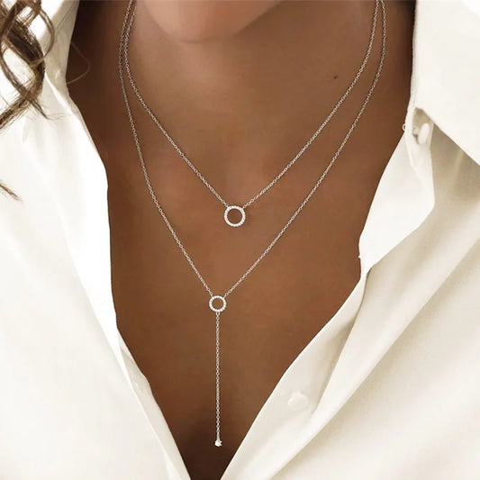 Double-Deck Circle Design S925 Sterling Silver Zircon Pendant Necklace