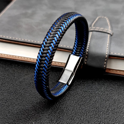 MingAo Charm Single 12*6mm Women Chinese Red Wire Braided Stainless Steel Leather Bracelet Blue Magnet Lock Gift to Friends