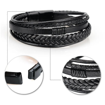 Trendy Leather Bracelets for Men – Stainless Steel Multilayer Braided Rope Jewelry