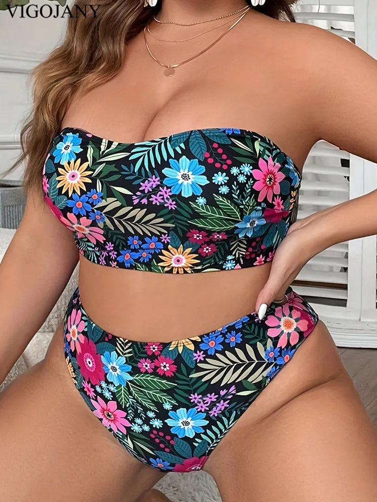 VigoJany Print Bandeau 2 Piece Plus Size Bikini Set for Women – High Waist Push-Up Swimsuit