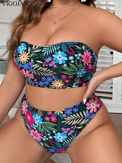VigoJany Print Bandeau 2 Piece Plus Size Bikini Set for Women – High Waist Push-Up Swimsuit