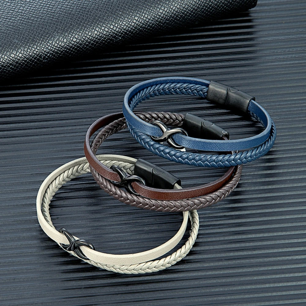 MKENDN Classic Multilayer Black Braided Leather Bracelet for Men