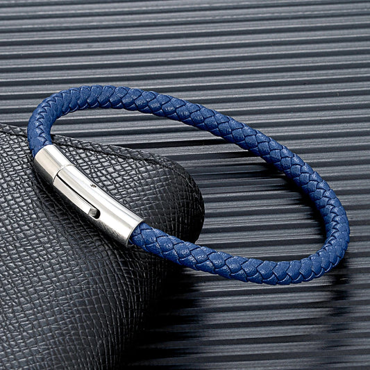 MKENDN Classic Blue Braided Leather Bracelet with Stainless Steel Magnetic Buckle