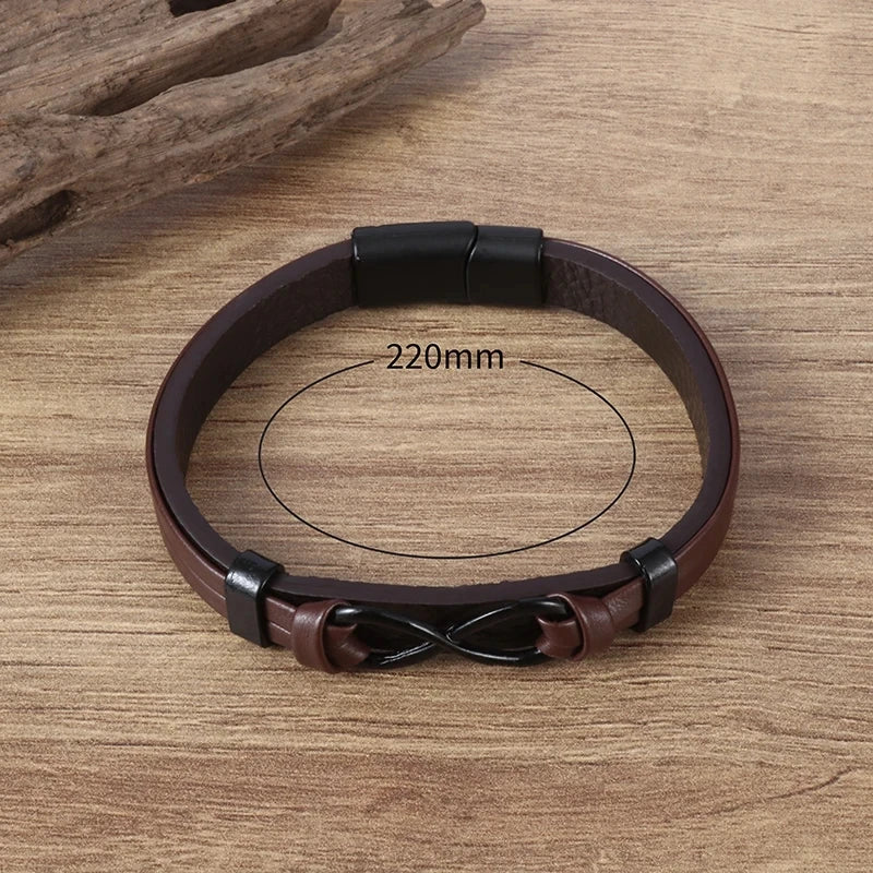 Classic Infinity Logo Single Layer Leather Bracelet with Magnetic Clasp for Men