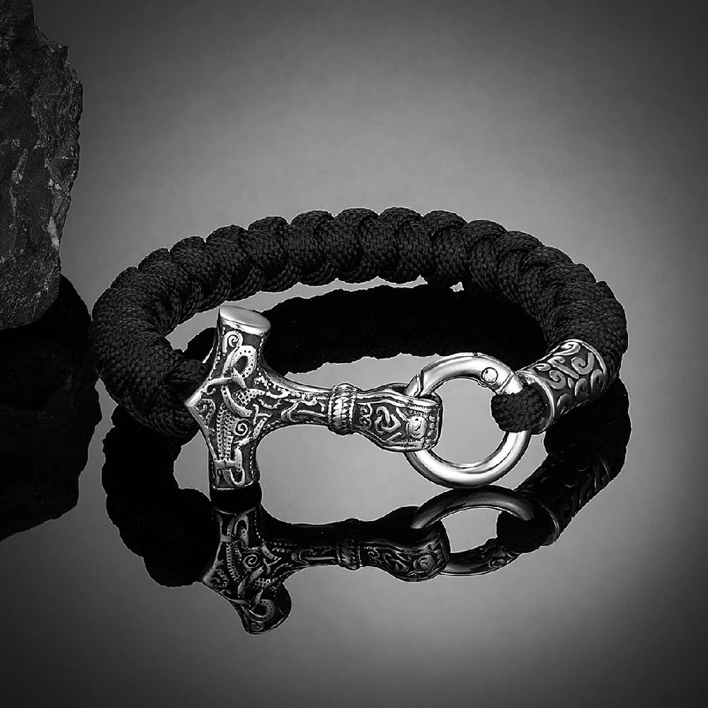 Handmade Viking Thor’s Hammer Survival Bracelet for Men