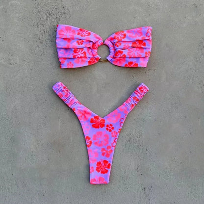 Printed Push-Up Bandeau Bikini Set – Brazilian Thong Swimwear