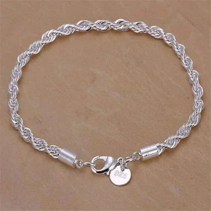 Fashion Silver Jewelry Gift High Quality 925 Silver Color 4MM Women Men Chain Male Twisted Rope Necklace Bracelets